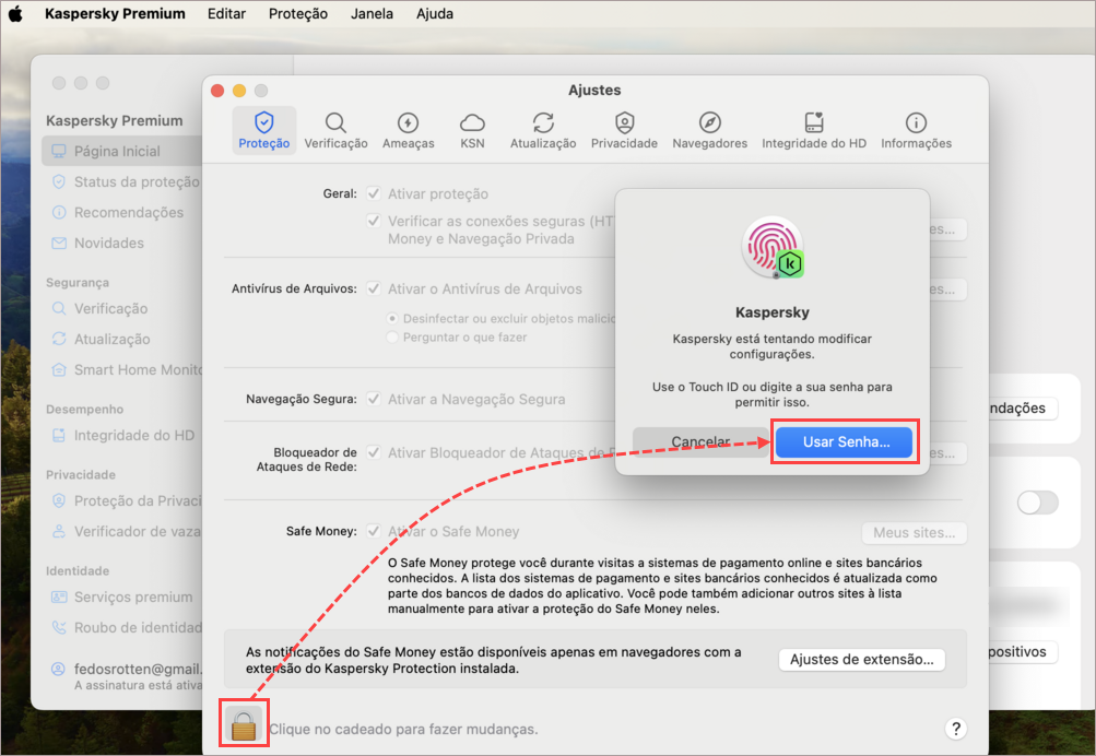 Desbloquear os ajustes do Kaspersky for Mac.